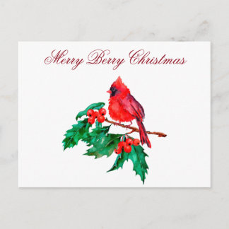 Cartão Postal Cardinal Vermelho do Natal no Galho de Frutas de A