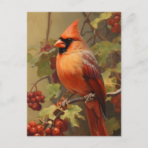 Cartão Postal Cardinal Vermelho e Frutas Silvestres da Floresta