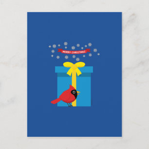 Cartão Postal Cardinal Vermelho Fofo Com Presente Azul