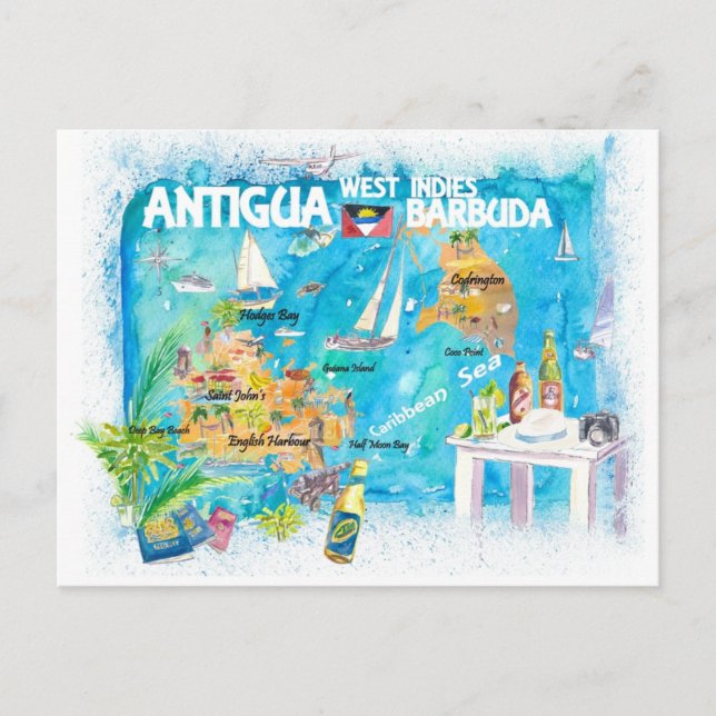 Cartão Postal Caribe Ilustrado das Antilhas de Antígua Barbuda (Frente)