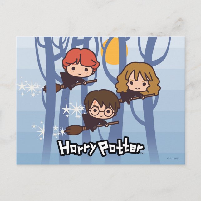 Cartão Postal Caricatura Harry, Ron E Hermione Voando Em Florest (Frente)