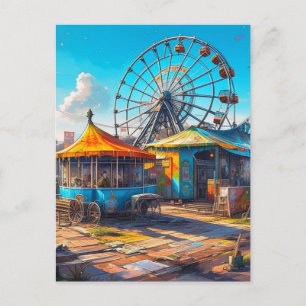 Cartão Postal Carnaval vazio abandonado Roda Ferris e Carros