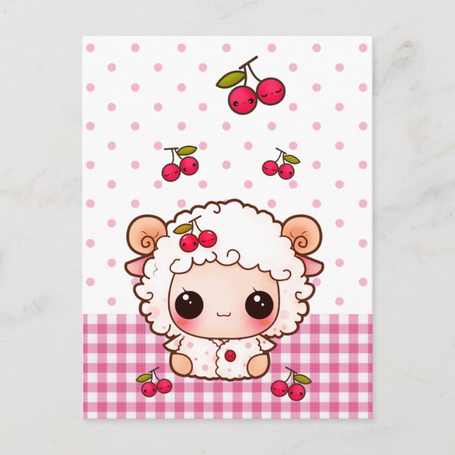 Cartão Postal Carneiros bonitos e cerejas kawaii (Frente)