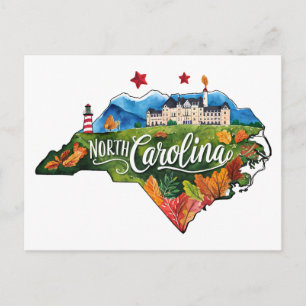 Cartão Postal Carolina do Norte EUA Estado Formato Aquarela Vint