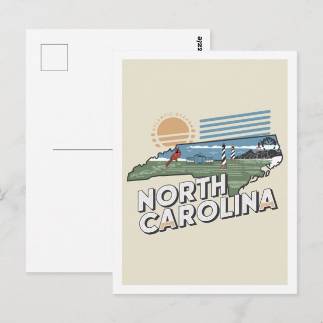 Cartão Postal Carolina do Norte Retro Viagem Design Icônico EUA (Frente/Verso)