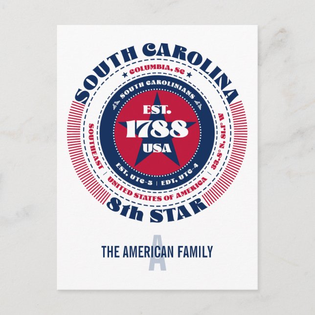 Cartão Postal Carolina do Sul, Colúmbia, SC, Patriótico, Monogra (Frente)