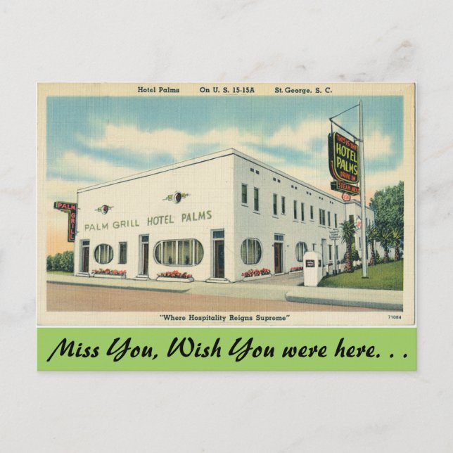 Cartão Postal Carolina do Sul, Hotel Palms, Rua George. (Frente)