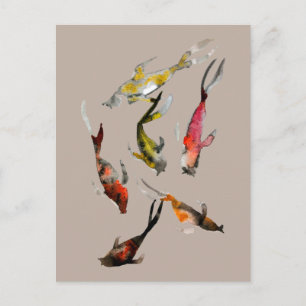 Cartão Postal Carpa dourada marrom vermelha em aquarela