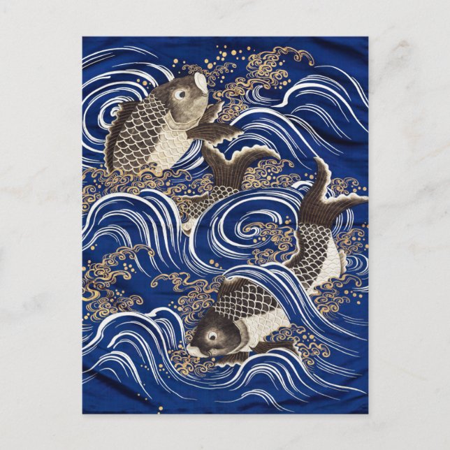 Cartão Postal Carpa em Ondas Artes Japonesas de Seda Koi Fish (Frente)
