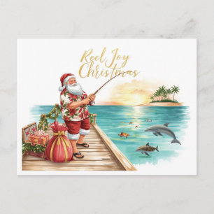 Cartão Postal Carretel de Pesca Alegria de Natal com Papai Noel