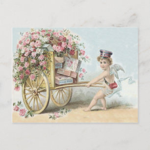 Cartão Postal Carrinho de Doces Rosa Correio Cupido Querubim