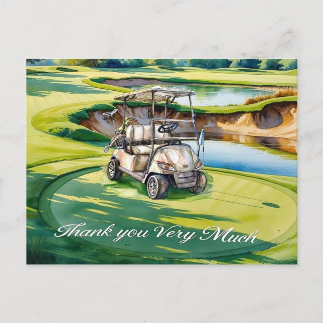 Cartão Postal Carrinho de golfe com aquarela de golfe (Frente)