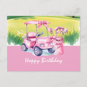 Cartão Postal Carrinho de Golfe com Mulher Golfista Feliz Aniver