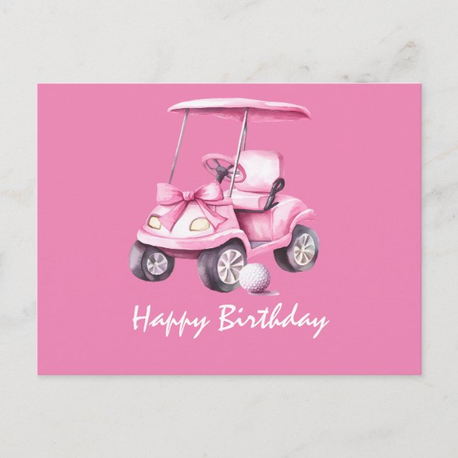 Cartão Postal Carrinho Rosa com Feliz Aniversário para a Mulher  (Frente)