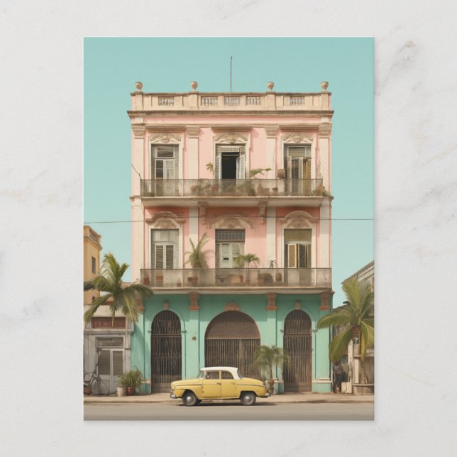 Cartão Postal Carro Amarelo do edifício Colonial Havana Cuba (Frente)