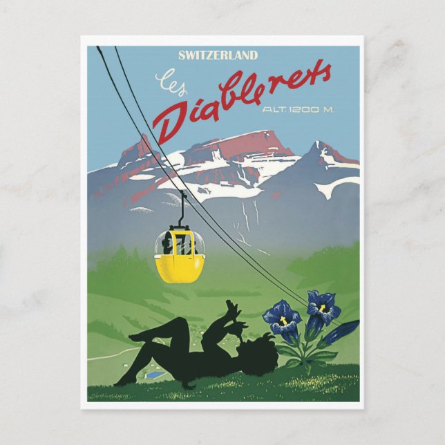 Cartão Postal Carro amarelo na montanha Diablerets, colheita (Frente)