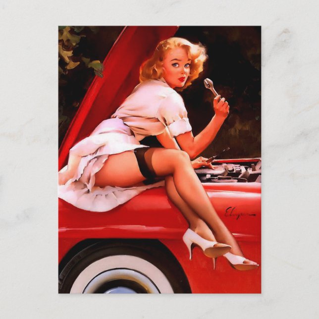 Cartão Postal Carro Antigo Mecânico Garota Pin-up Retro (Frente)