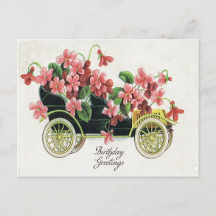 Cartão Postal Carro Antiquado Antiguo Posto de Aniversário Rosa-