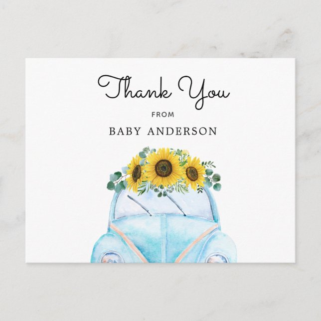 Cartão Postal Carro Azul e Girassóis Obrigado (Frente)