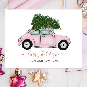 Cartão Postal Carro de Árvore de Natal Rosa, Deslocado Feriado 