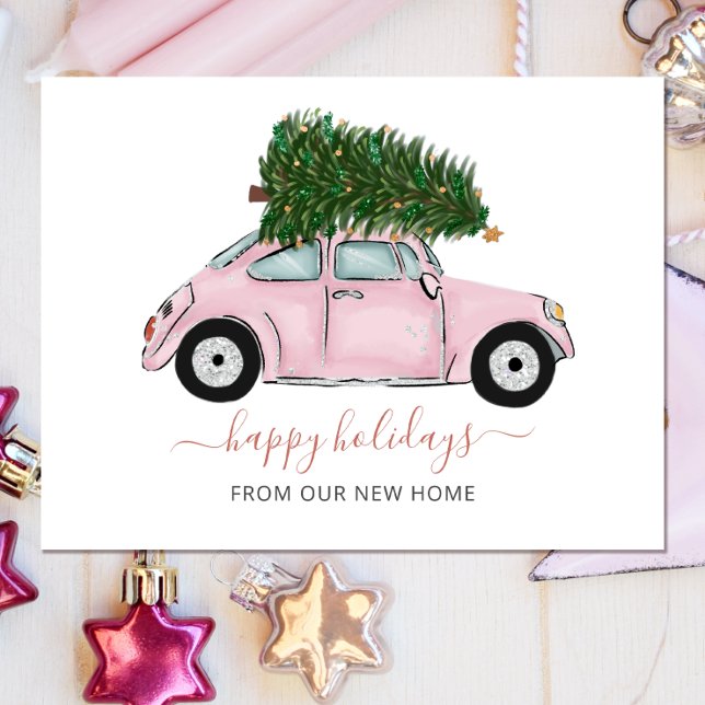 Cartão Postal Carro de Árvore de Natal Rosa, Deslocado Feriado e (Criador carregado)