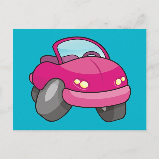 Cartão Postal Carro de desenho animado rosa (Frente)