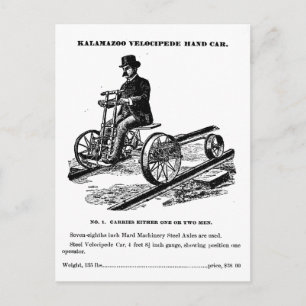 Cartão Postal Carro de Mão-de-Ferro KALAMAZOO Velocipede 1887