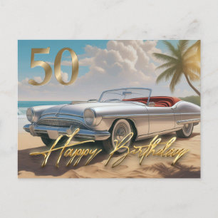Cartão Postal Carro esportivo vintage em uma praia tropical Feli