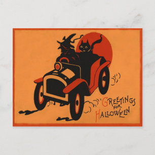 Cartão Postal Carro Gato Negra De Bruxa