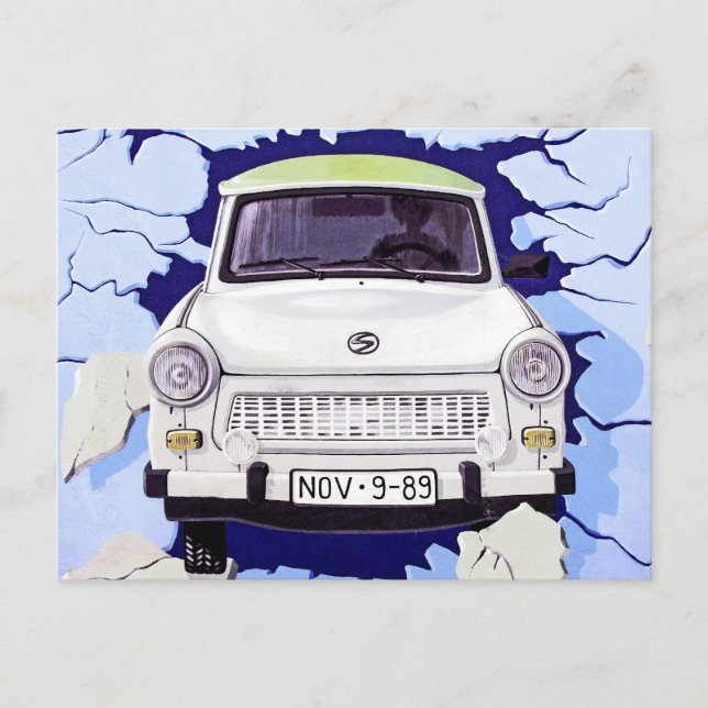 Cartão Postal Carro Trabant, Azul Pálido, Muro de Berlim (Frente)
