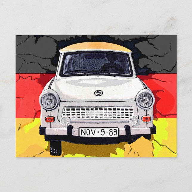 Cartão Postal Carro Trabant e bandeira alemã, Muro de Berlim (Frente)