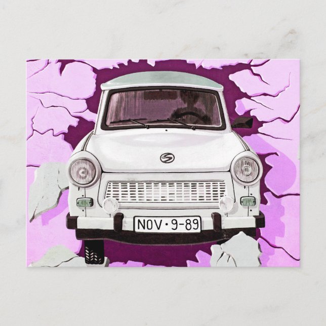 Cartão Postal Carro Trabant e Muro de Berlim Rosa/Lilac (Frente)