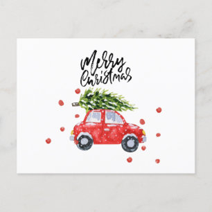 Cartão Postal Carro vermelho feliz de Natal com    árvore de Nat
