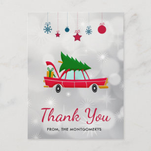 Cartão Postal Carro Vermelho Retro Carregando uma Árvore de Nata