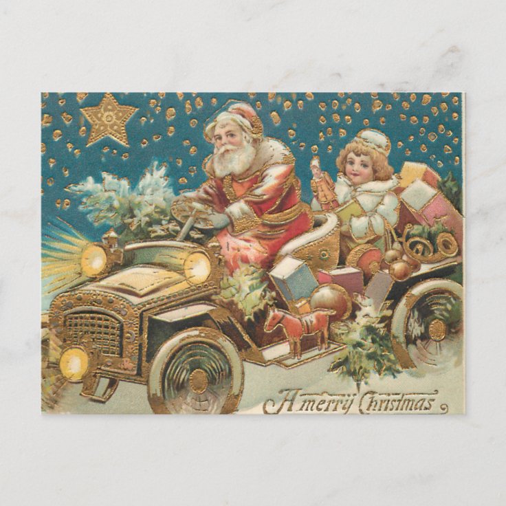 Cartão Postal Carro vintage do Papai Noel na Noite de Natal 