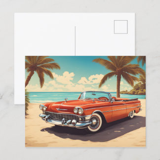 Cartão Postal Carro vintage na praia com conselho surf