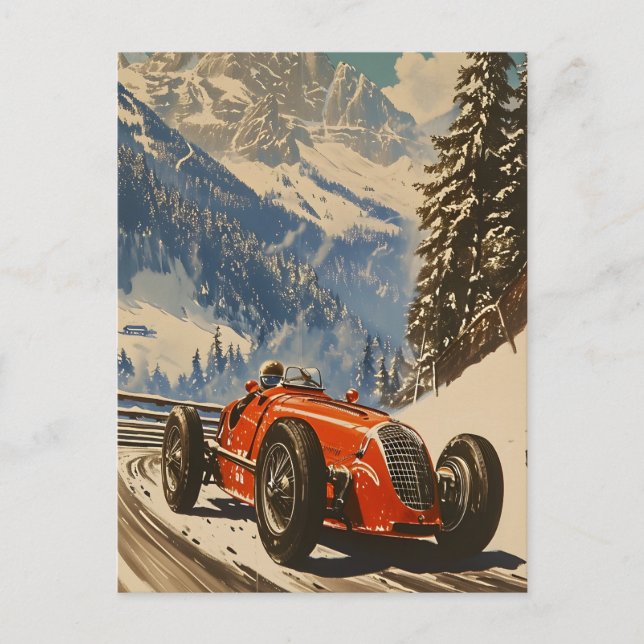 Cartão Postal Carro Vintage Racing nos Alpes (Frente)