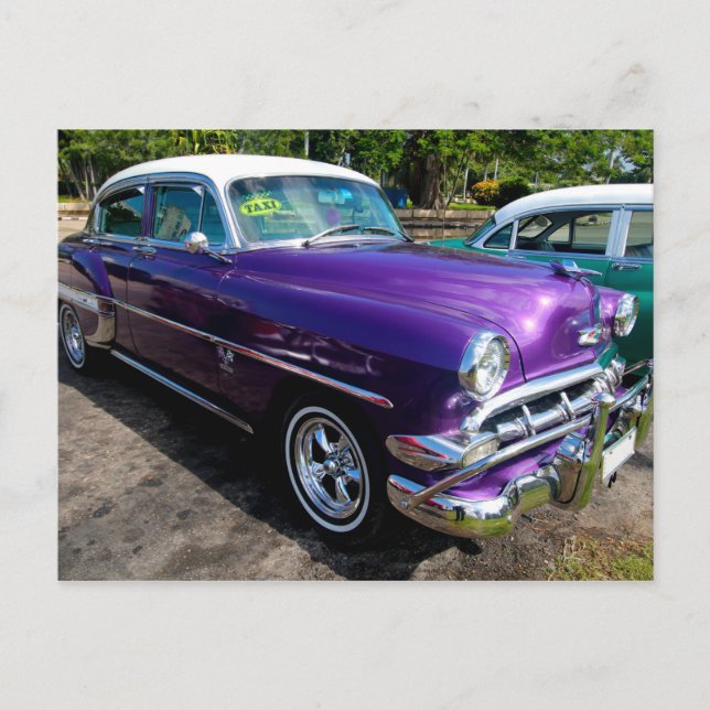 Cartão Postal Carros clássicos de Cuba roxos com tampa branca (Frente)