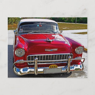 Cartão Postal Carros Clássicos de Cuba Vermelho e Cromo Cereja