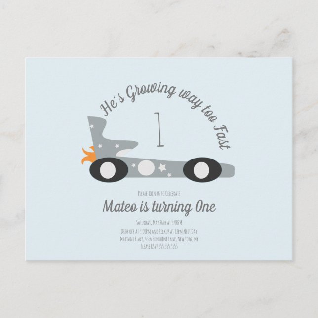 Cartão Postal Carros de Corrida Retro Moon Stars Primeiro Aniver (Frente)