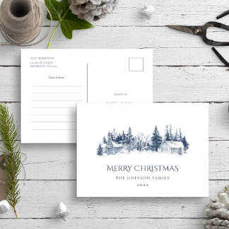 Cartão Postal Carta ao Papai Noel Azul Vila de Natal de Inverno