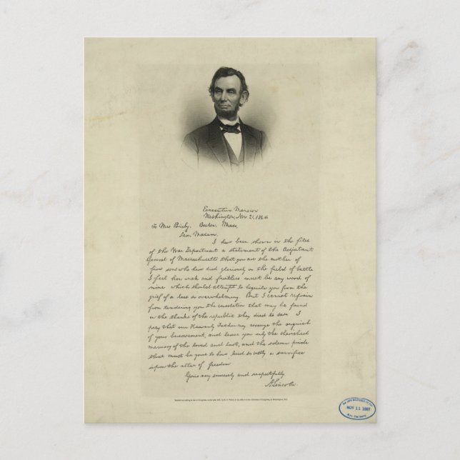 Cartão Postal Carta da Guerra Civil de Abraham Lincoln à Sra. Bi (Frente)