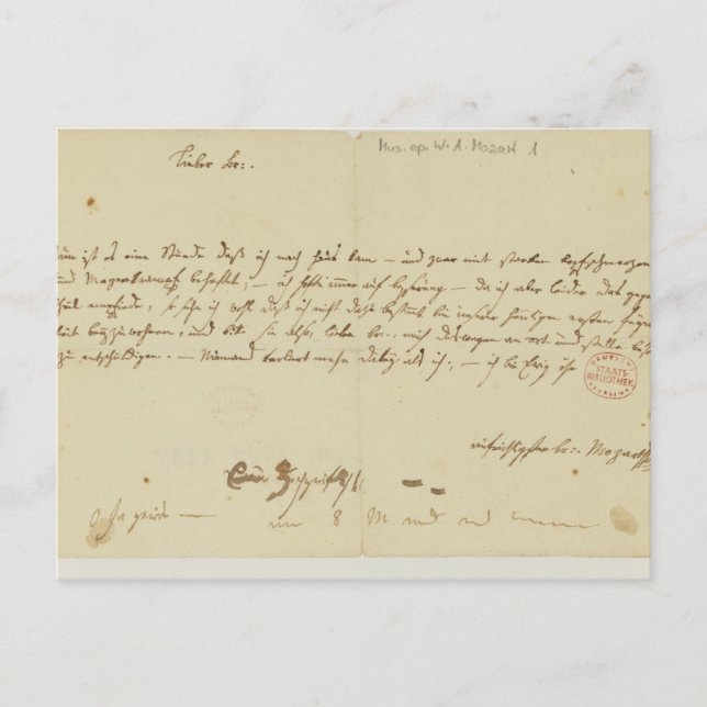 Cartão Postal Carta de Mozart a freemason, janeiro de 1786 (Frente)