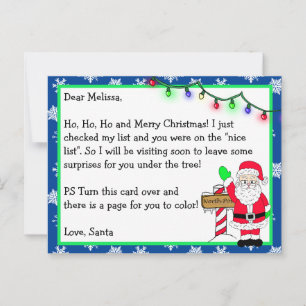 Cartão Postal Carta do Papai Noel para Crianças + Página para Co