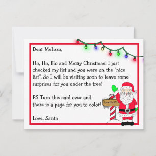 Cartão Postal Carta do Papai Noel para Crianças + Página para Co