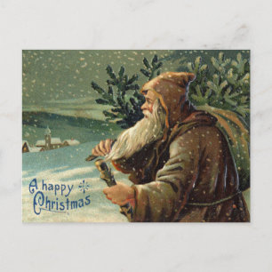 Cartão Postal =Cartão de Natal Antigo, Papai Noel e Árvore