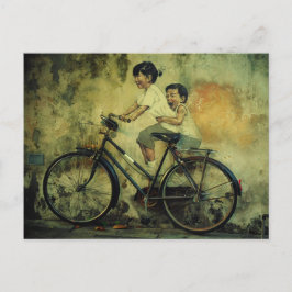 Cartão Postal Cartão/miúdos da arte da rua na bicicleta/penang