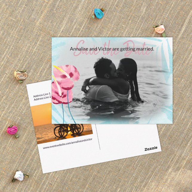 Cartão Postal Cartão-postal Aqua Rosa Tropical Gomdrops Guarda-a (turquoise and pink tropical wedding save the date postcard, pink gumdrops, Hawaiian flowers theme)