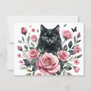 Cartão Postal Cartão-postal Black Cat com Rosas Rosa