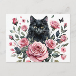 Cartão Postal Cartão-postal Black Cat com Rosas Rosa